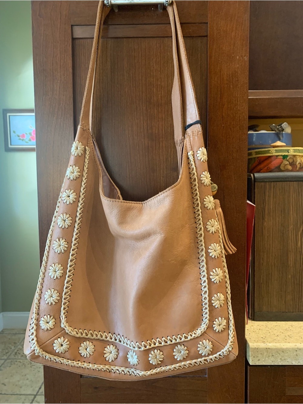 SAK- Tan Leather Daisy-Embellished Hobo Shoulder Bag